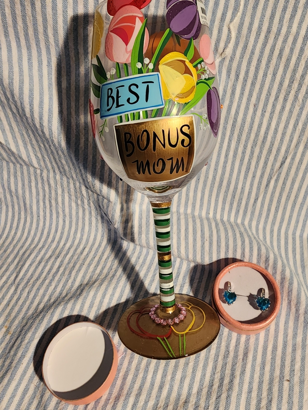 Mothers Day Present 'Lolita' Hand Painted Glass 'Bonus MOM' & Sterling Earrings